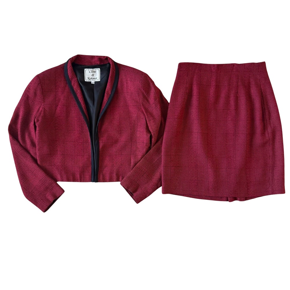 VTG Cline & Kolarek Plaid Blazer Skirt Set Women's Medium Burgundy Vintage Retro